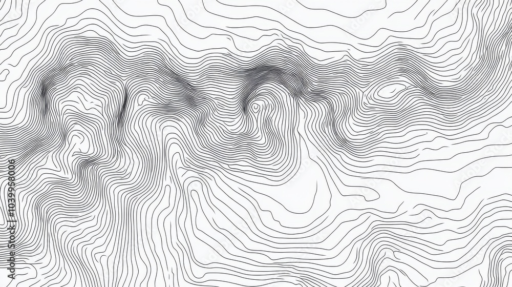 Poster black and white topographic map of a mountain range with intricate contour lines creating a sense of