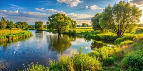 Close-up view of lush bushes and trees along the river in the countryside during summer