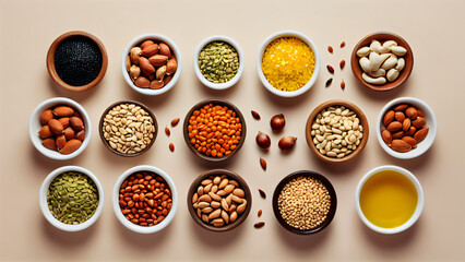 A Harmonious Display of Organic Nuts, Seeds, and Oils in White Bowls on a Light Beige Background: A Balanced Composition Highlighting Almonds, Peanuts, Mixed Nuts, Pumpkin Seeds, Pine Nuts
