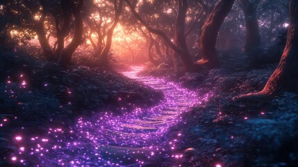 magical fantasy forest illuminated by enchanting purple and cyan lights creating a mystical pathway the digital painting captures an otherworldly atmosphere filled with wonder