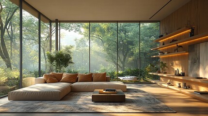 Fototapeta premium Modern Beige Living Room with Plush Couch and Green View