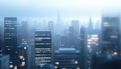 Foggy skyline view of a modern city with towering skyscrapers against a moody sky.