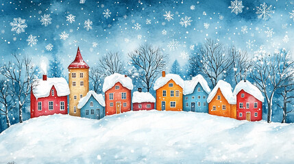 Watercolor village and Christmas minimalistic card with forest and and snow. Hand painted trees illustration background. Holiday illustration for design, print, fabric or background.