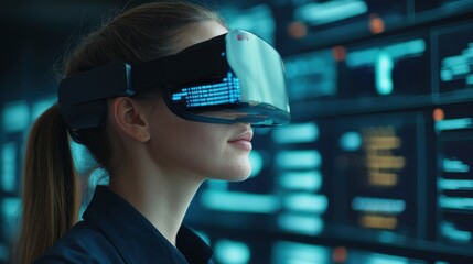 A woman wearing a virtual reality headset in front of a wall of digital data, symbolizing advanced technology and immersive experiences.