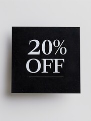 White '20% OFF' Text on a Black Square Paper Note. White Background 