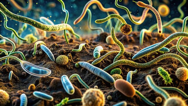 Close-up view of microorganisms and soil biology, including nematodes and fungi under the microscope
