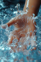 A hand reaching out, creating splashes in clear water, symbolizing connection and fluidity.