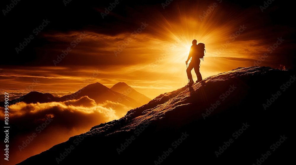 Poster a person hiking up a steep trail with focused determination symbolizing overcoming obstacles and ach