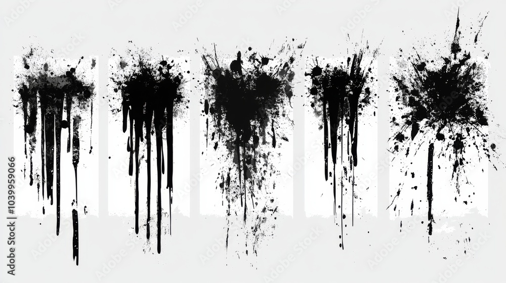 Aufkleber nine black and white splatter designs arranged in horizontal line, each with unique abstract shape a
