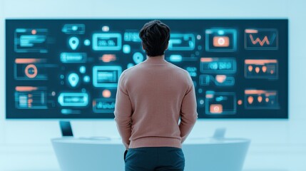 A person observes a digital dashboard displaying various analytics and data visualizations in a modern workspace.