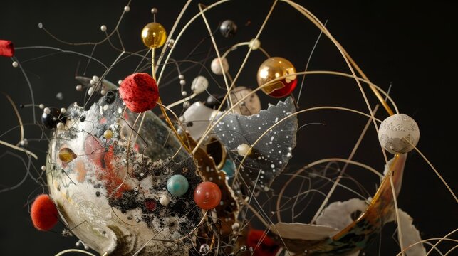 A mixed media sculpture featuring a range of organic and synthetic materials symbolizing the diverse worlds of art and science coming together to embark on the search for a unified