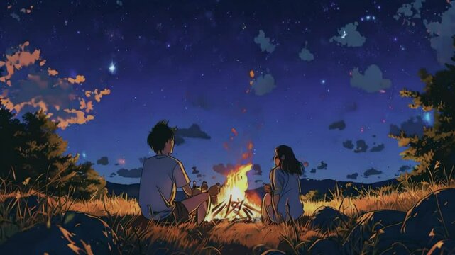 Lofi Cute cozy couple sits bonfire, laughing as the stars begin twinkle clear summer night sky, music Anime style. illustration lofi chill hip hop Relaxing music. Seamless Loop 4k Animation video
