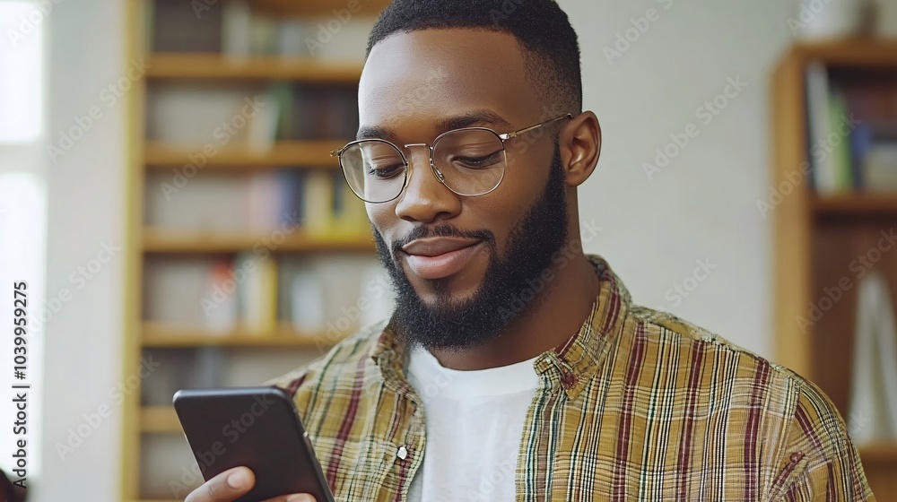Poster A man working through a time management app on his phone while multitasking in an office Stock Photo with side copy space