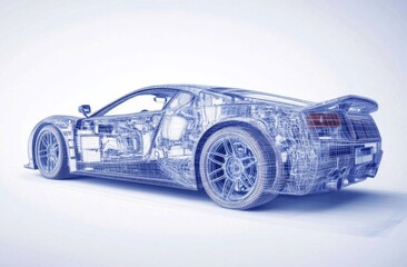 3D wireframe sports car illustration with front and back views, composed of blue lines and dots in grid pattern.