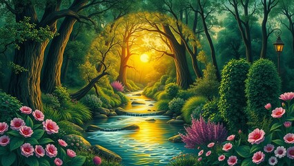 A magical forest path with a glowing stream.