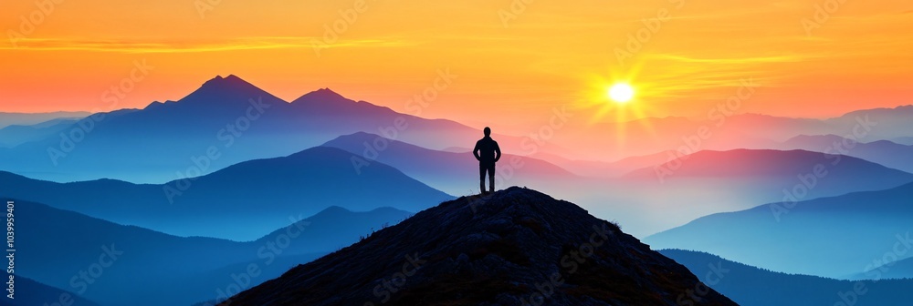 Poster a person standing confidently on a mountain peak with the sun rising behind them symbolizing self-as