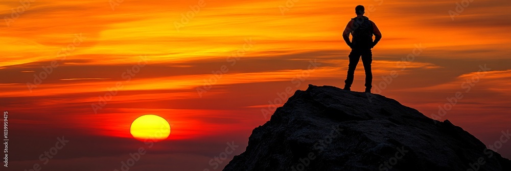 Poster a person standing confidently on a mountain peak with the sun rising behind them symbolizing self-as