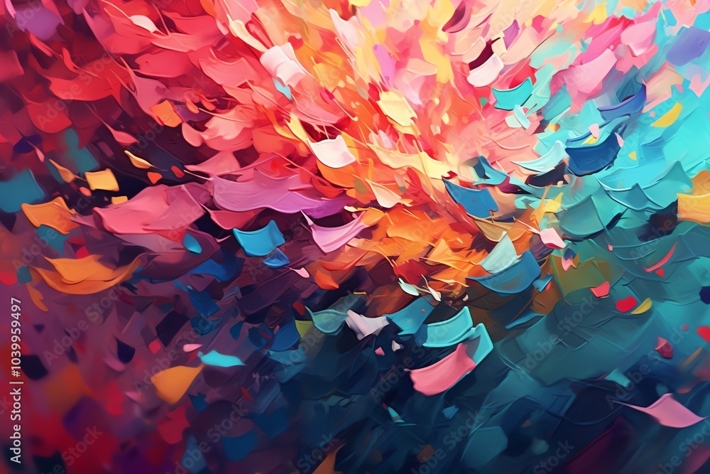 Poster abstract background with vibrant colors, featuring a dynamic flow of shapes and textures.