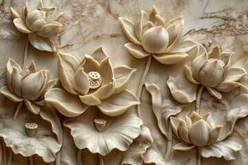 Intricately Carved Lotus Flowers Wall Decoration with Symmetrical Arrangement in Light and Dark Beige Shades