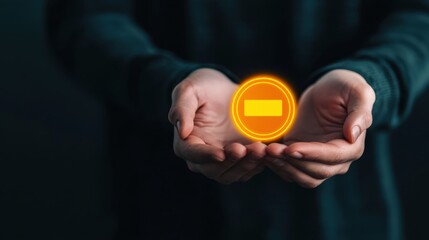 A person holds a glowing coin icon symbolizing digital currency or cryptocurrency, focusing on financial technology and investment.