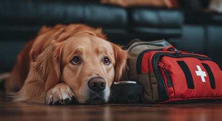 First aid kit for dogs, a golden retriever laying next to it with its head on the bag, looking at the camera. 