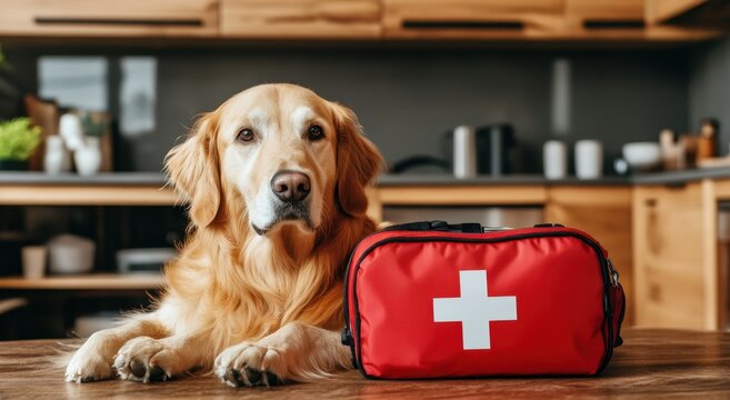 A dog first aid kit with a red cross on the front, with a golden retriever lying down next to it in a home setting.