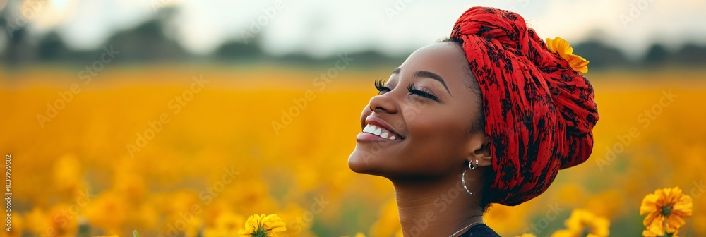 Poster a woman smiling brightly as she looks out at a wide open field with flowers symbolizing optimism and