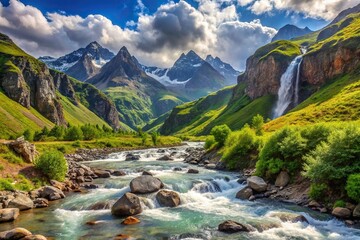 Close-up view of rivers and waterfalls in North Ossetia with mountains in the background