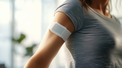 Closeup of a White CGM Device Secured on a Person's Arm, Demonstrating Discreet and Convenient Glucose Monitoring for Diabetes Management