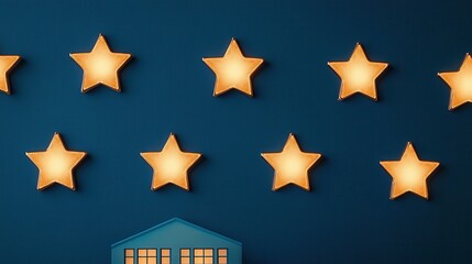 Obraz premium A cozy illustration of glowing stars against a dark blue background, with a small blue house adding to the serene, whimsical atmosphere.