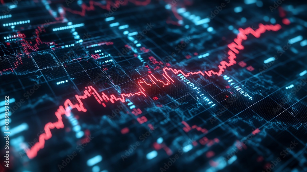 Poster abstract close-up of a digital display showing a red line graph fluctuating on a grid of blue and wh