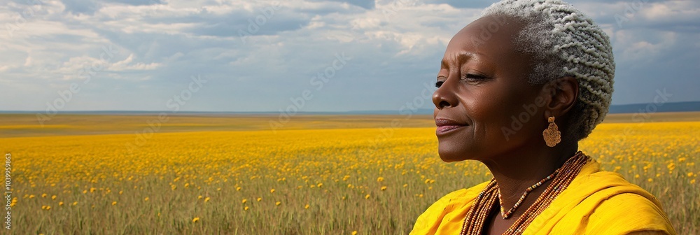 Poster a woman smiling brightly as she looks out at a wide open field with flowers symbolizing optimism and