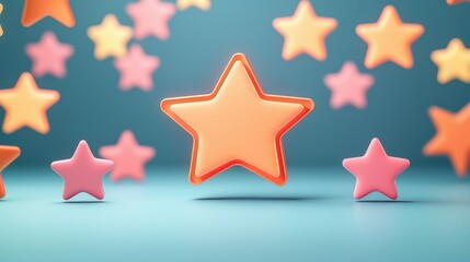 Obraz premium A colorful arrangement of star shapes in various sizes, creating a cheerful and whimsical atmosphere against a soft blue background.