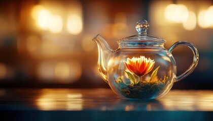 Glass teapot with flower inside, warm lighting, artistic display, cozy atmosphere.