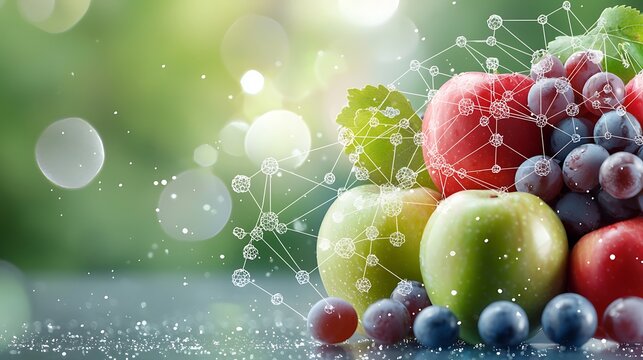 Apples and grapes with superimposed molecular diagrams of malic acid