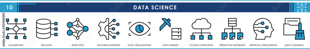 Fototapete A set of line icons related to Data Science. Algorithm, big data, analytics, machine learning, data mining, cleaning, and so on. Vector editable stroke.