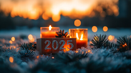 Happy New Year 2025 Beautiful Holiday greeting card with text congratulations Happy New Year 2025 on blue and gold Festive background. Abstract blurred bokeh firework new year neon light Web banner.