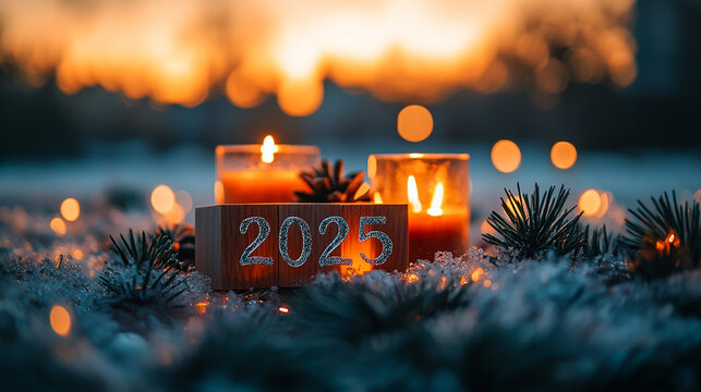 Happy New Year 2025 Beautiful Holiday greeting card with text congratulations Happy New Year 2025 on blue and gold Festive background. Abstract blurred bokeh firework new year neon light Web banner.