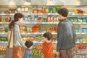 Family shopping together in a grocery store, with children helping to pick items from the shelves. Illustration, family poster, family day