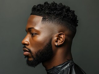 Profile of a Black Man with a Tapered Haircut and a Short Beard, Wearing a Black Barber Cape Against a Gray Background