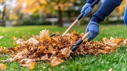 Obraz premium A woman wearing white gloves gathers colorful autumn leaves into a pile on a lush green lawn during a sunny day outside