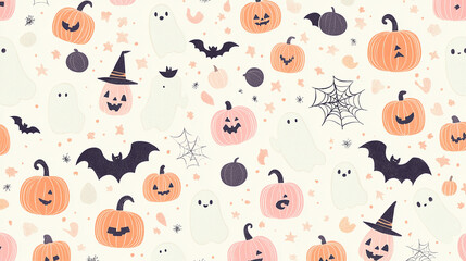 Fototapeta premium Pastel color vector seamless Halloween pattern with pumpkins, witch hats, cobwebs, spiders and candies isolated on a white background.