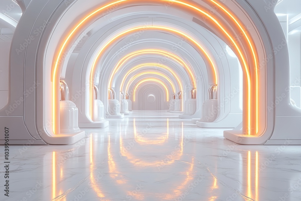 Poster a futuristic corridor inside a spaceship or space station is rendered in three dimensions
