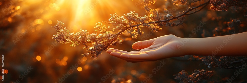 Poster A hand reaching out to touch a beam of sunlight shining through tree branches symbolizing hope and optimism Stock Photo with side copy space
