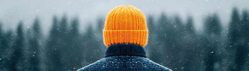 Warm wool hat with intricate patterns, model hiking through snow-covered hills, natural and serene, winter fashion, hat, warm