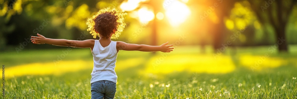 Poster a young child running through a park with arms wide open symbolizing carefree joy and hope for the f