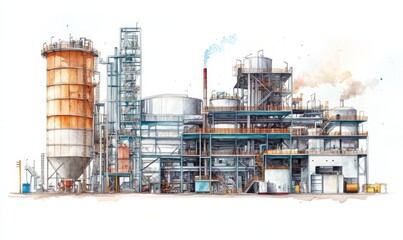 Watercolor Detailed illustration of a large industrial plant with various machinery and processing units
