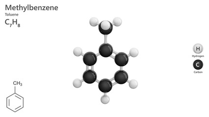 Molecule: Methylbenzene or toluene. Molecular structure. Formula: C7H8. Chemical model: Ball and stick. White background. 3D illustration.