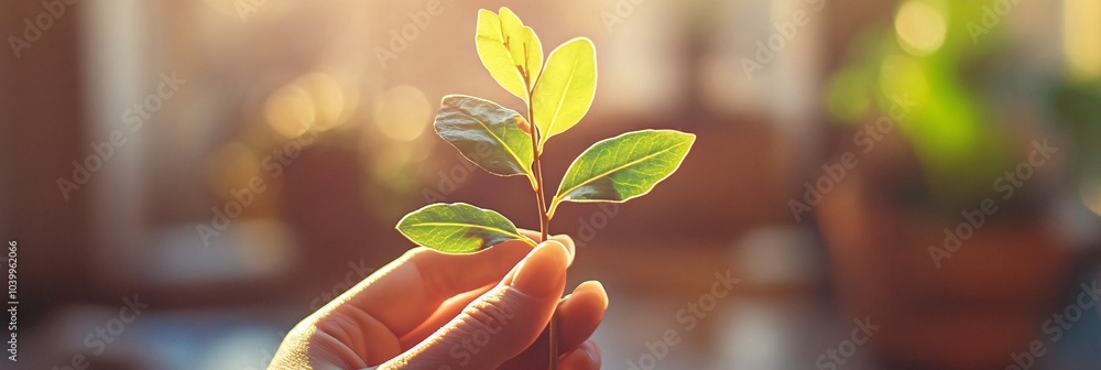 Poster a hand holding a small sapling against a backdrop of sunlight symbolizing hope for growth and new be