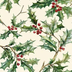 New Year and Christmas seamless watercolor pattern of holly branches on beige background, for printing on fabric, wrapping paper, wallpaper